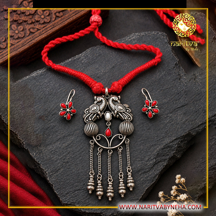 Peacock Latkan Coral Earrings Dori Necklace set