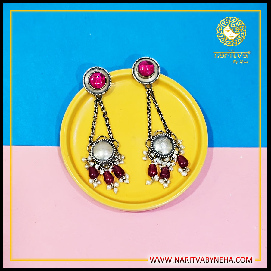 Ruby Stone Pearl Chain Earrings