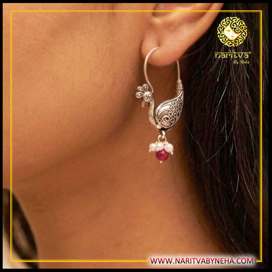 Peacock Hoops with Pearls and Ruby Ball