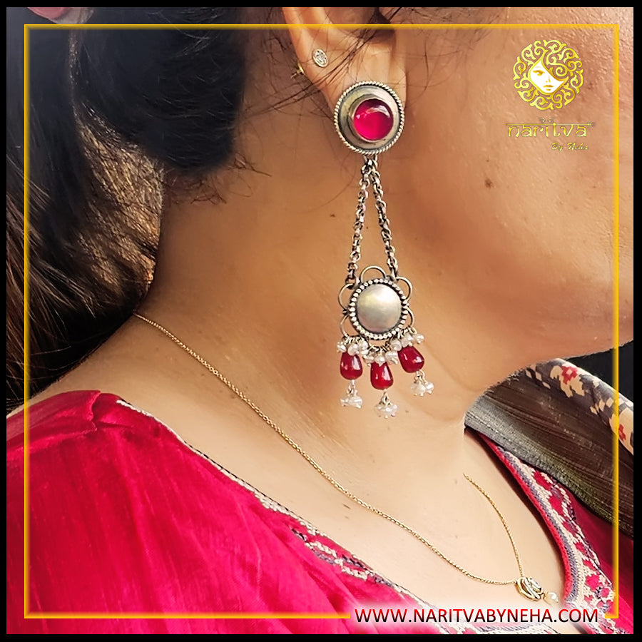 Ruby Stone Pearl Chain Earrings