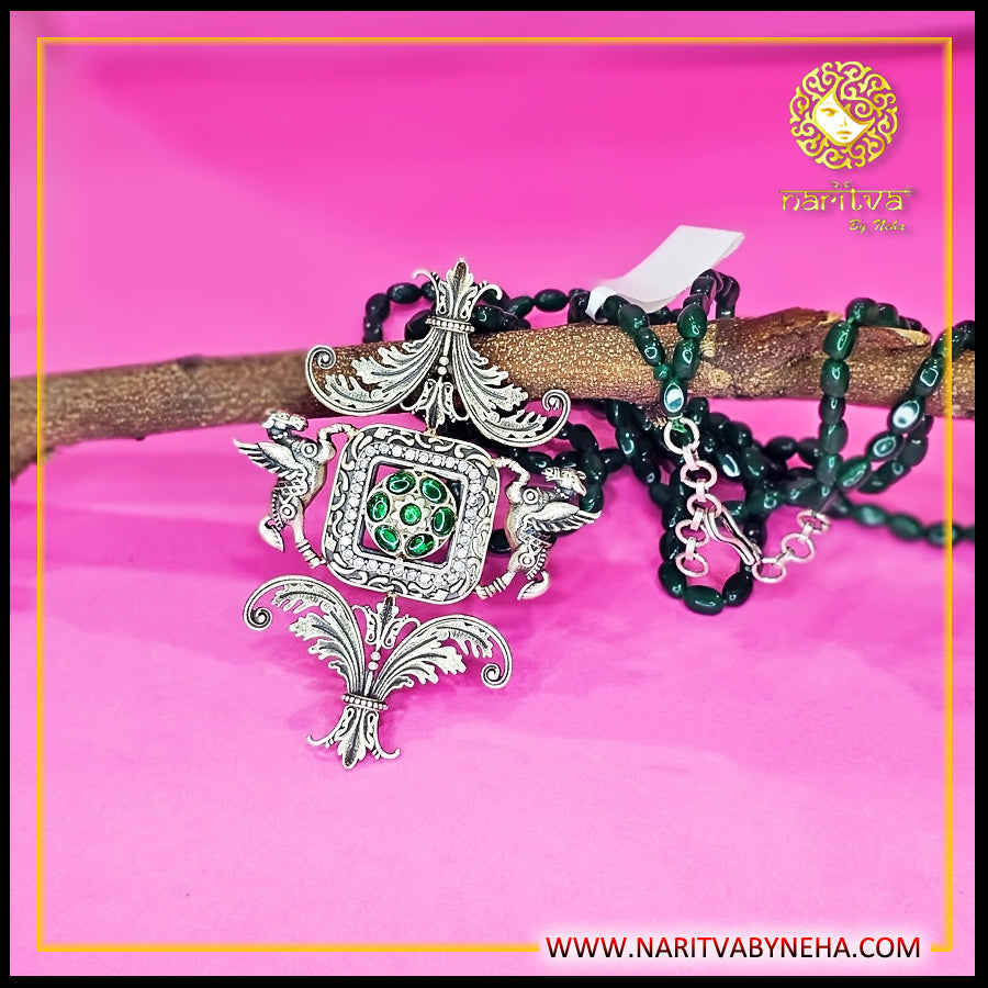 Green Stone Necklace with Onyx Chain